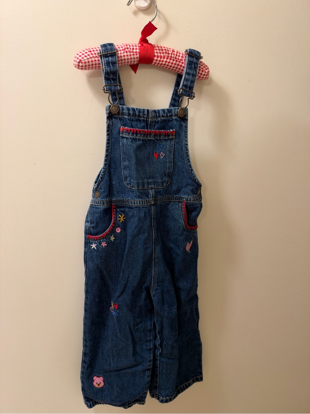 Zara Girls Embroidered Floral Heart Denim Overalls Size 4 Years 104